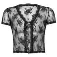 thumbnail image 3 of Fridja Casual Womens Solid Cardigan Embroidery Short Sleeve V-Neck Blouse Tops, 3 of 9