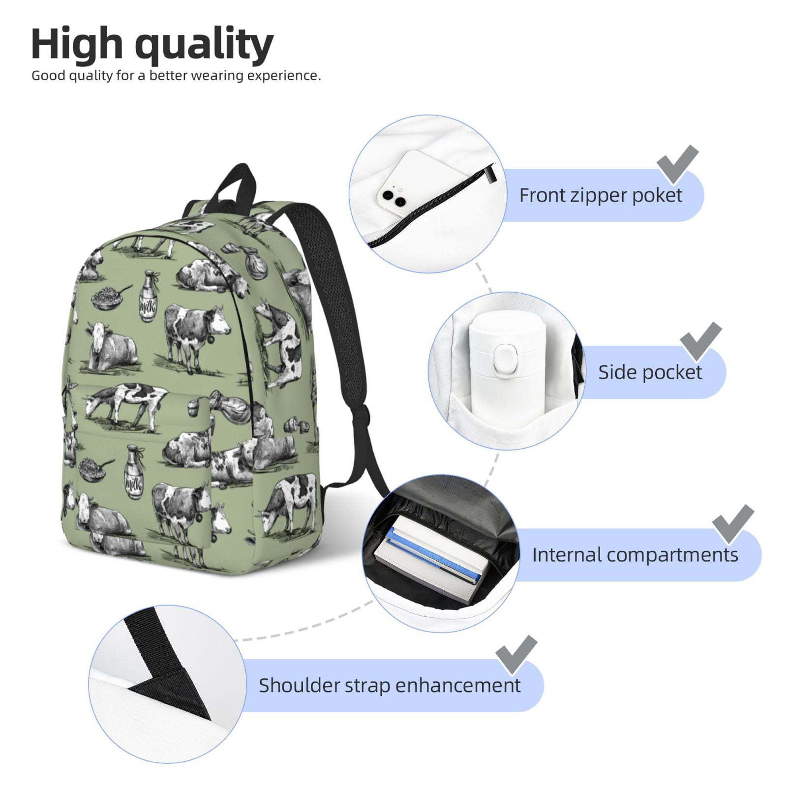 Picia Farm Cows Printed Canvas Daypack - Stylish and Durable Vintage Compact Backpack - Class, Work, Travel, or Laptop Bookbag,Organized Compartments-Small