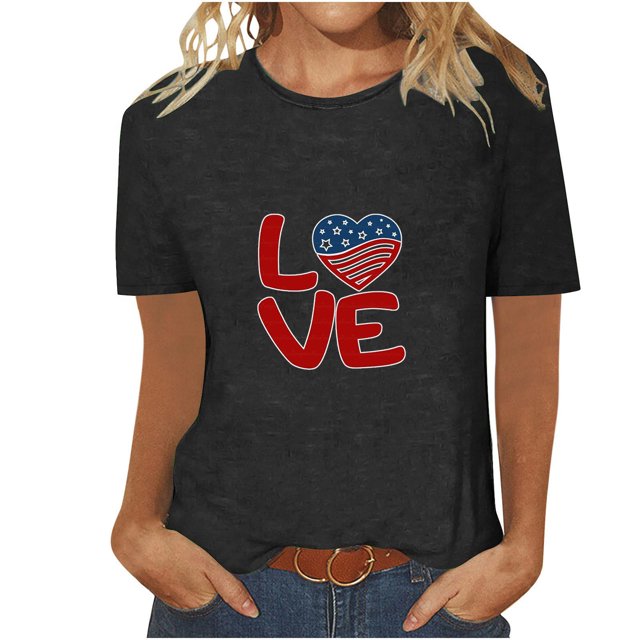 Tops Cortos para Mujeres Día de la Independencia Patriótica Impreso Cuello Redondo, Camiseta de Manga Corta Casual para la Primavera, Verano Y Fiesta