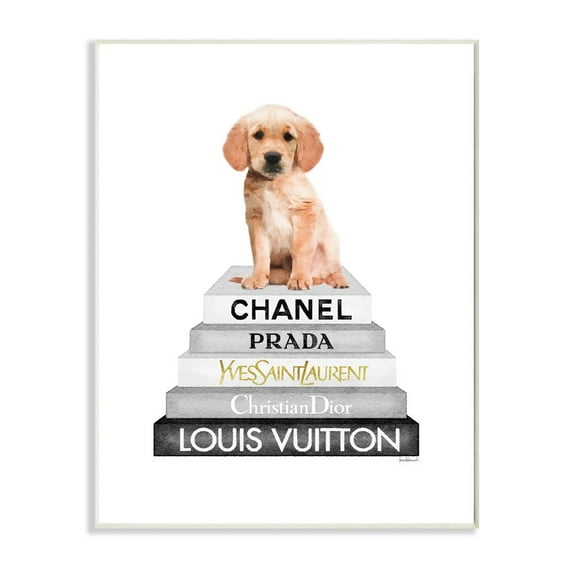 Stupell Industries Resting Puppy on Glam Fashion Icon Bookstack Graphic Art Unframed Art Print Wall Art, 13x19, by Amanda Greenwood