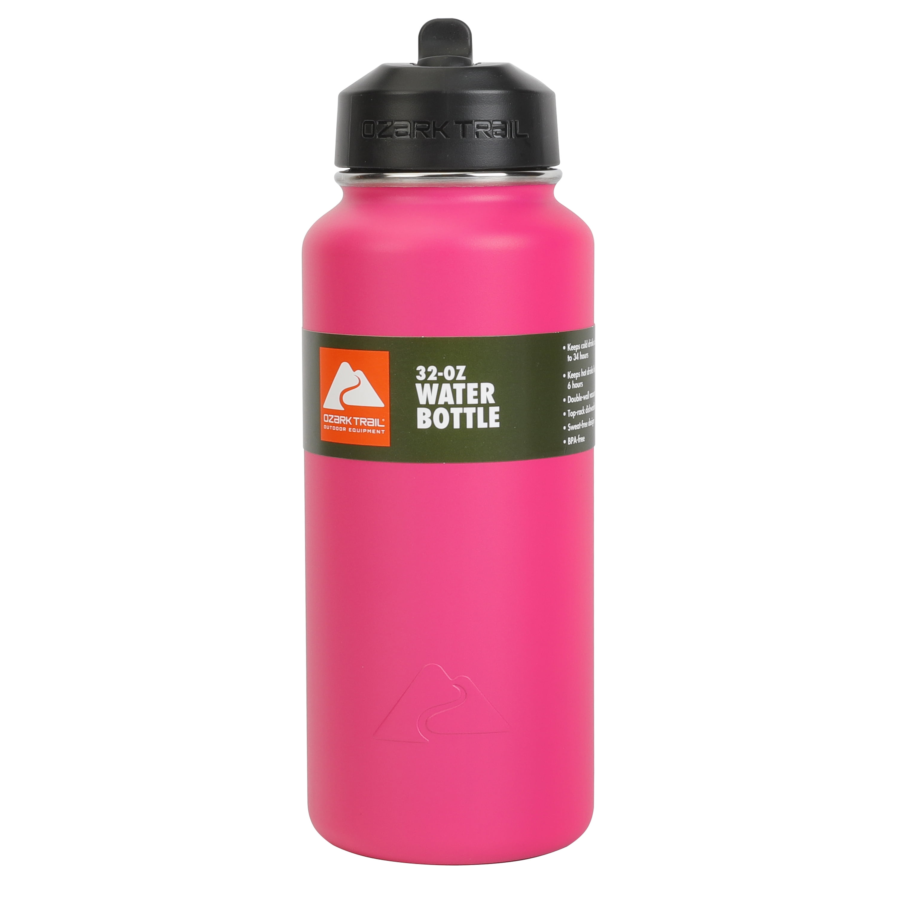 (3 pack) Ozark Trail 32 oz Stainless Steel Flip Straw Water Bottle, Pink