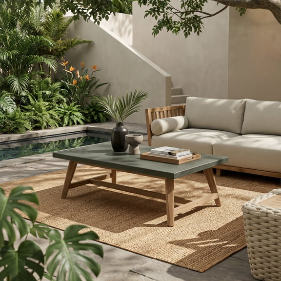 Dert Coffee Table Gray Coffee Table, Modern Style, Faux Concrete Duralcrete rectangular shape tabletop, Acacia Wood, Outdoor Living