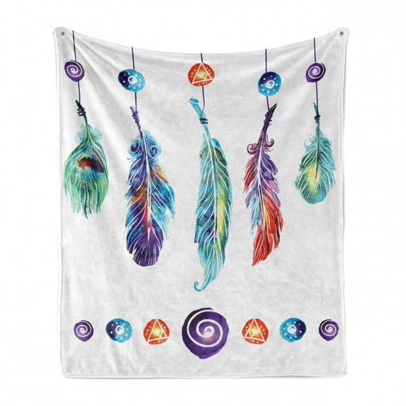 Boho Soft Flannel Fleece Throw Blanket, Several Tribal Feather Group in Psychedelic Hippie Universe Cosmos Harmony Forms, Cozy Plush for Indoor and Outdoor Use, 50" x 60", Multicolor, by Ambesonne