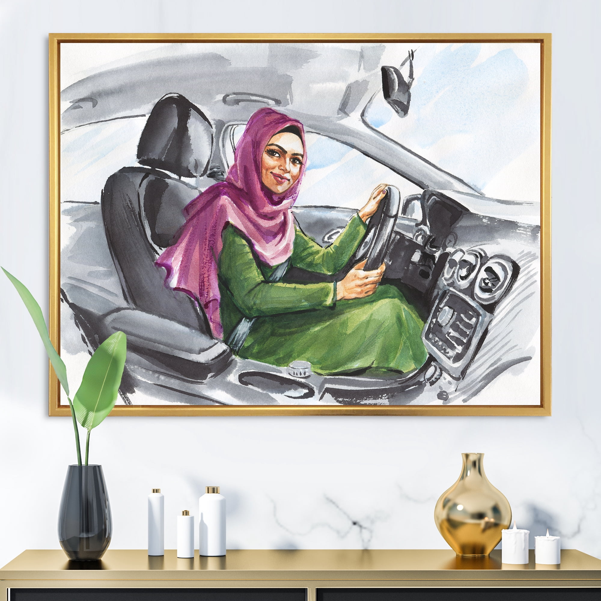 Designart 'Arabian Lady Driving A Car II' Modern Framed Canvas Wall Art Print