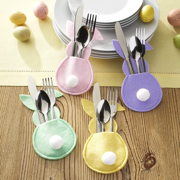 Bolsas para cubiertos de conejito de Pascua, 16 piezas, cubertería de conejito de Pascua, soporte para cubiertos de conejo, bolsas de almacenamiento de utensilios de vajilla, muy versátiles