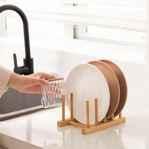 Bamboo Dish Plate Bowl Cup Book Pot Lid Cutting Board Drying Rack Stand Drainer Storage Holder Organizer Kitchen Cabinet（Keep Dry）