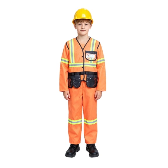CAIVO Kids Construction Worker Costume Set, Children Orange Reflective Work Outfit with Hard Hat for Career Role-Play Party
