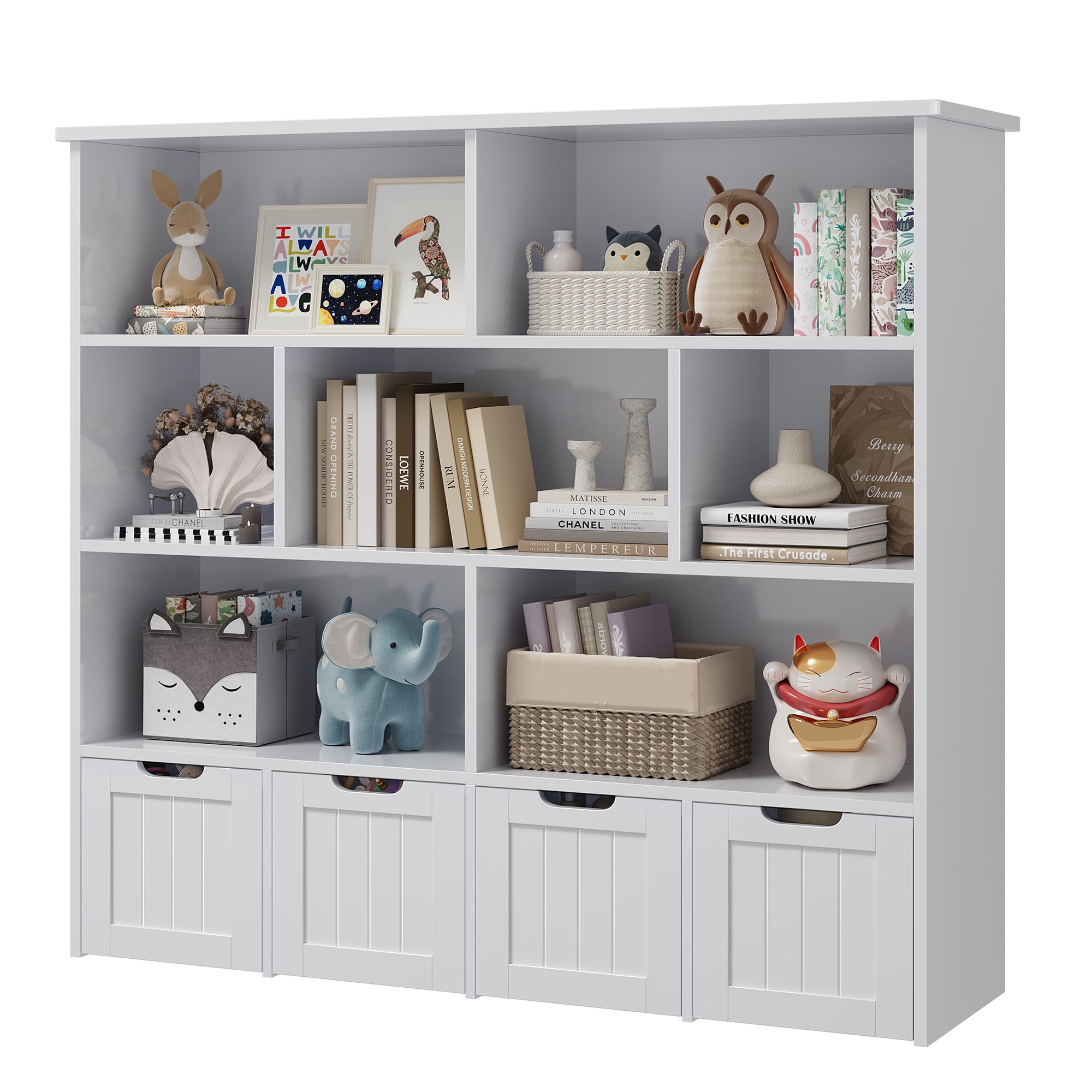 Homfa 7 Cube Toy Storage Organizer, Kids Geometric Bookcase and Bookshelf with 4 Drawers, Grey