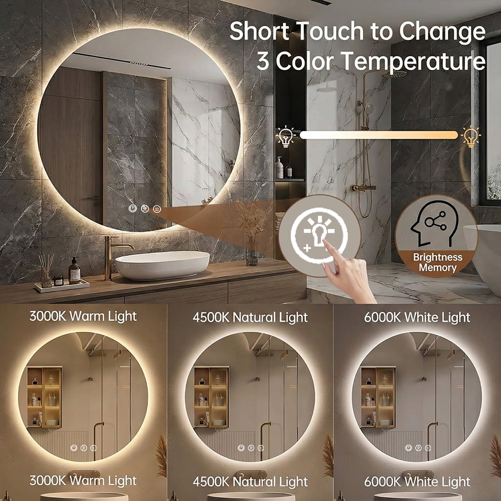 round LED Bathroom Mirror with Lights, Anti-Fog, Dimmable, Backlit Lit, Lighted Bathroom Vanity Mirror for Wall, Memory Function, Tempered Glass, Shatter-Proof, ETL Listed 32x32 in