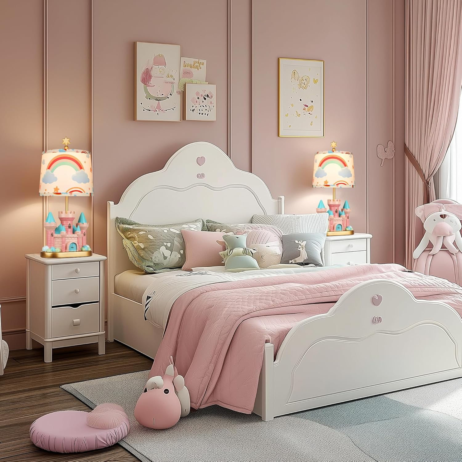 Castle Bedside Table Lamp for Kid Pink Princess Nursery Lamp for Girl Bedroom Nightstand Decor Cute Desk Lamp