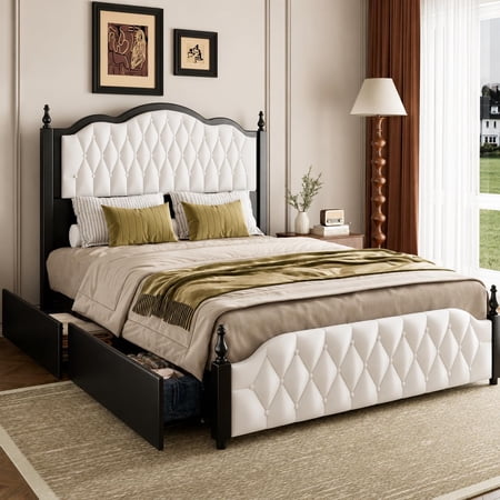 ANPOO 80" LED Bed Frame Queen Size with Tufted Headboard and 2 Storage Drawers, 51.2" H Solid Wood Platform Bed w/Roman Column Accents & Wood Slat Support, No Box Spring Needed, Noise-Free, Black