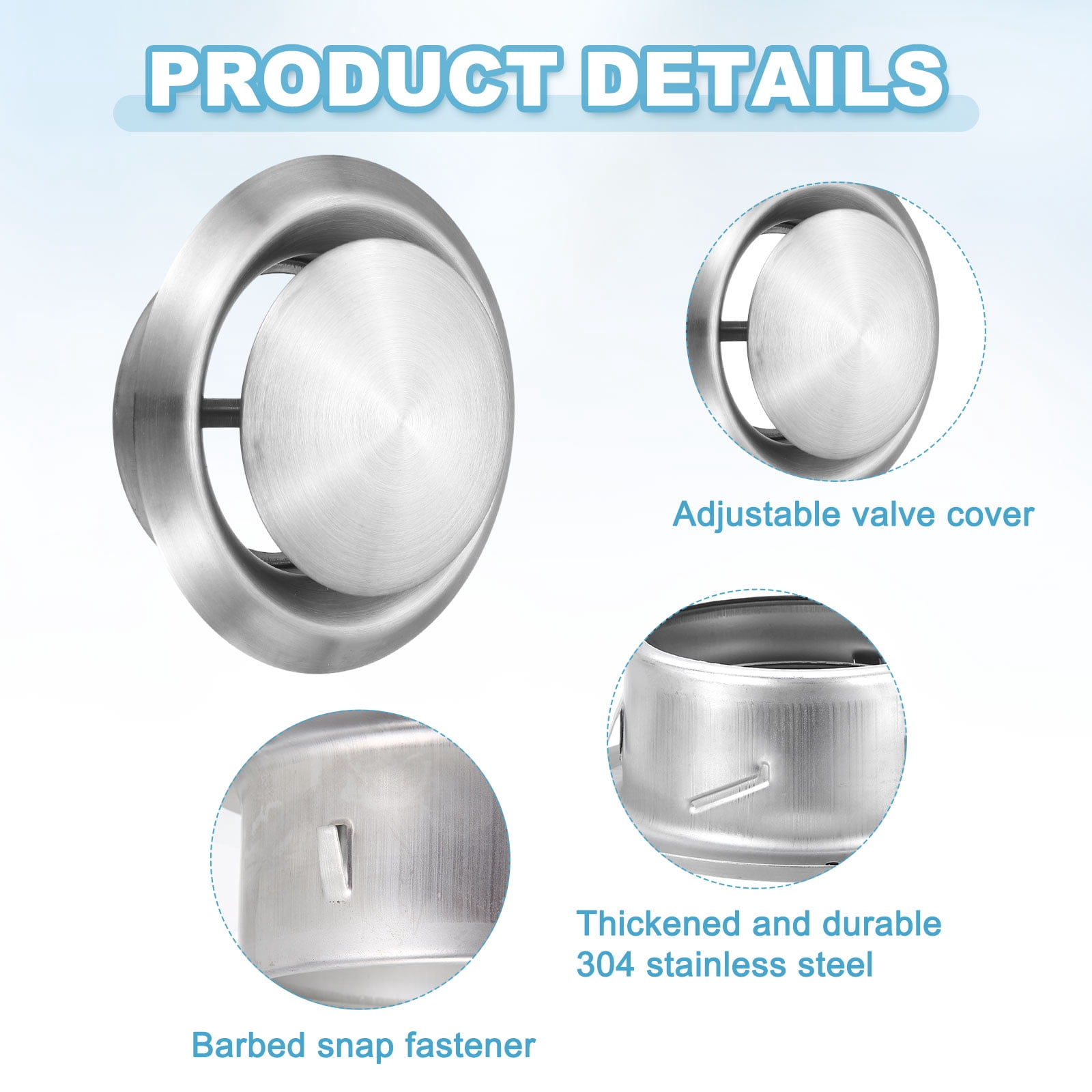 Uxcell 1Set 5 Inch Round Ceiling Diffuser, 304 Stainless Steel Adjustable Wall Air Vent Diffuser Vent Duct Cover Exhaust Supply for Kitchen Bathroom Garage, Silver