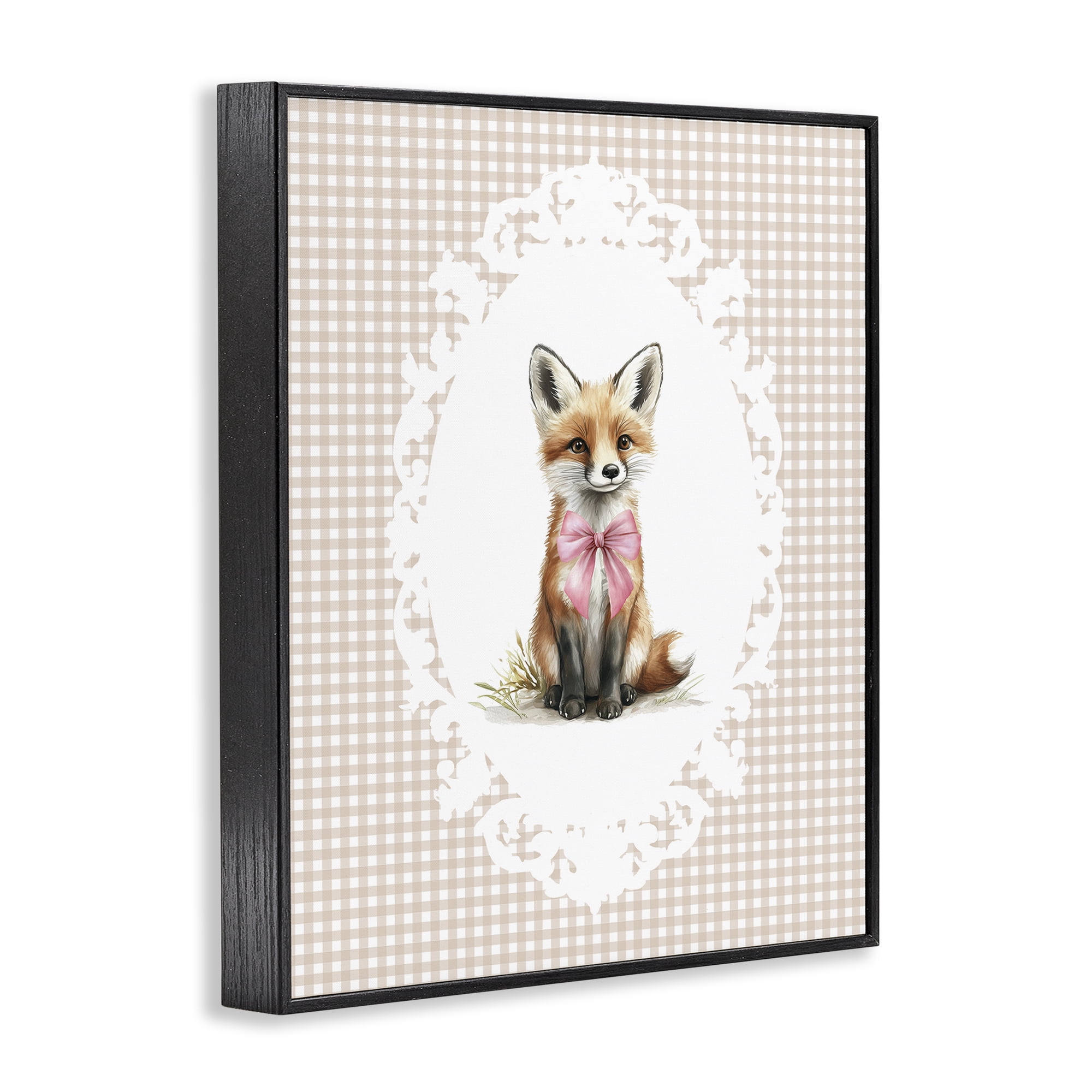 Stupell Industries Vintage Bow Fox on Gingham Black Framed Giclee Art, design by Christine Simpson Art