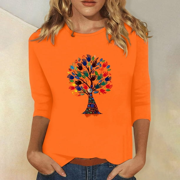 Honeeladyy - Blusas de verano para mujer, elegantes, de manga 3/4, con estampado de cielo, estilo túnica, 2024, camisetas básicas informales para jeans, leggings o vestidos (naranja, M)