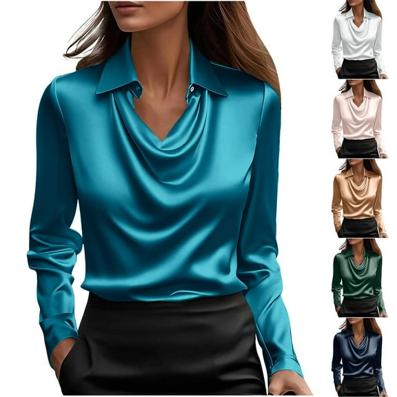 ShiShine Women's Elegant Cowl Neck Satin Blouse Long Sleeve Dressy Business Casual Office Work Shirt for Fall Winter