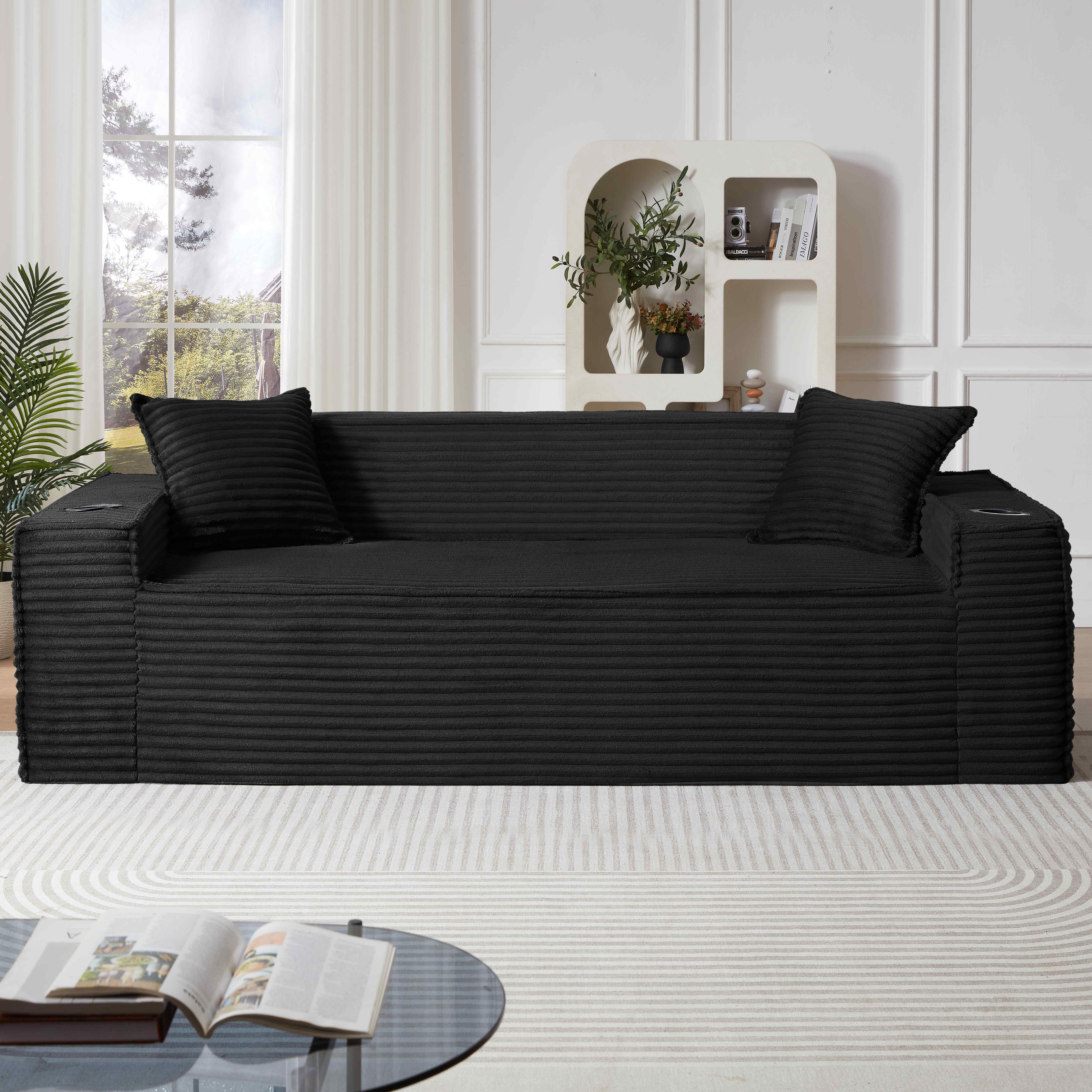 FFH 80.7" Corduroy Sofa, 3 Seater Boneless Cloud Couch for Small Living Rooms, Apartments and Offices, Black