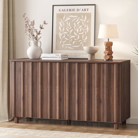 Swedhaus Fluted Sideboard Buffet Cabinet with Storage, Modern Coffee Bar Console Table for Living Room, Kitchen Storage Cabinet for Dining Room with 4 Doors,Brown