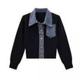 thumbnail image 5 of Women'S Denim Patchwork Sweater Cardigan With Ribbed Knit Notched Collar Loose Fit Tummy Control Tops, 5 of 11