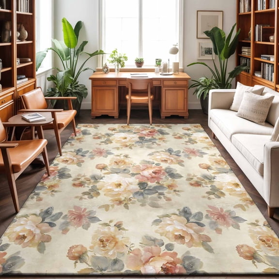 3'x5' Area Rugs, White Pink Beige Peony Indoor Outdoor Area Rug for Living Room Bedroom, Farmhouse Vintage Floral Botanical Washable Bathroom Rugs Kitchen Floor Carpet Mats Home Decor Aesthetic