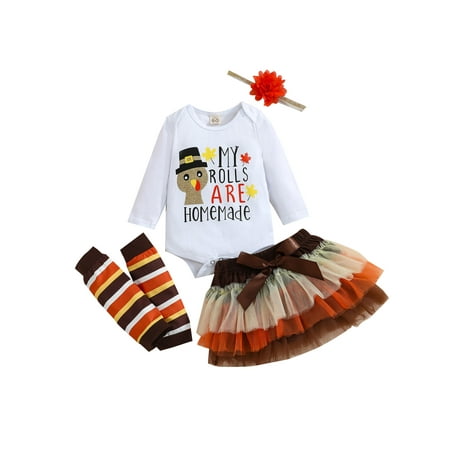

ZIYIXIN 4Pcs My First Thanksgiving Baby Girls Clothes Long Sleeve Romper Jumpsuit+Tutu Skirts+Headband+Leg Warmers Outfits White Turkey 3-6 Months