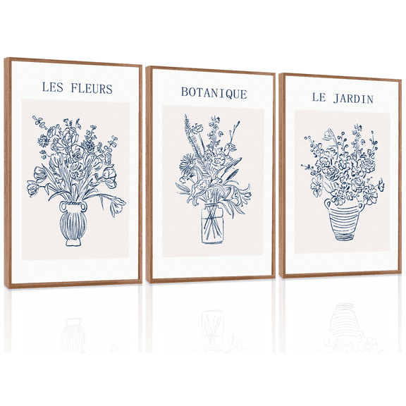Blue Floral Wall Art,Navy Lines Framed Artwork Set of 3(16”X24”)Soft Blue Moody Framed,Vintage Flowers Wall Art,Abstract Botanical Oil Painting Prints,Large Textured Canvas Decor for Bedroom.