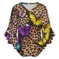 thumbnail image 5 of Leopard Print Vibrant Butterfly Pattern Women's V-Neck Blouse With 3/4 Ruffled Bell Sleeves Casual Top Ladies Blouses, 5 of 7