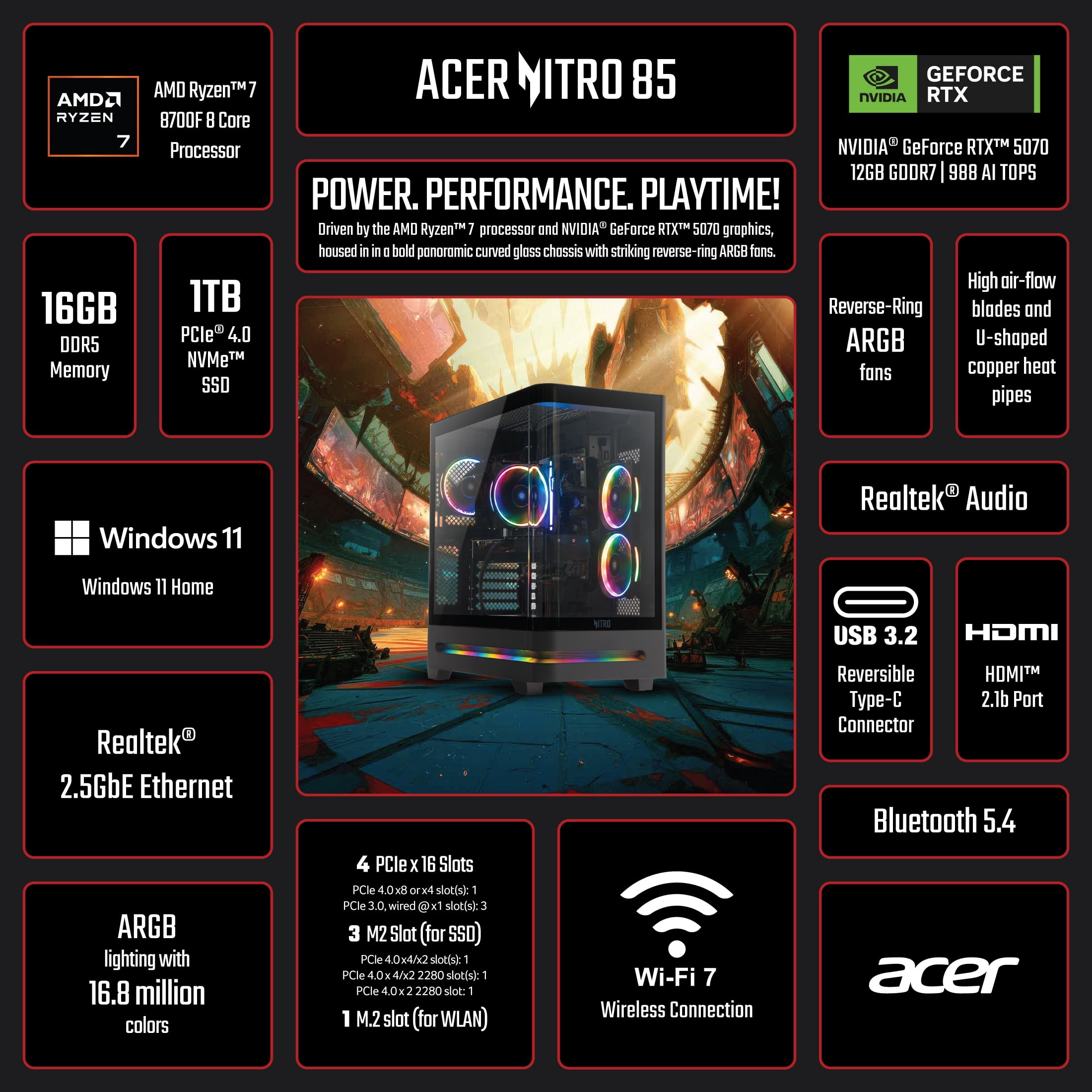 Acer Nitro 85 Gaming Desktop, AMD Ryzen 7 8700F, NVIDIA GeForce RTX 5070 with 988 AI TOPS & 12GB GDDR7 Video Memory, 16GB DDR5 RAM, 1TB PCIe 4.0 NVMe SSD, N85-100-UW35, Black, New
