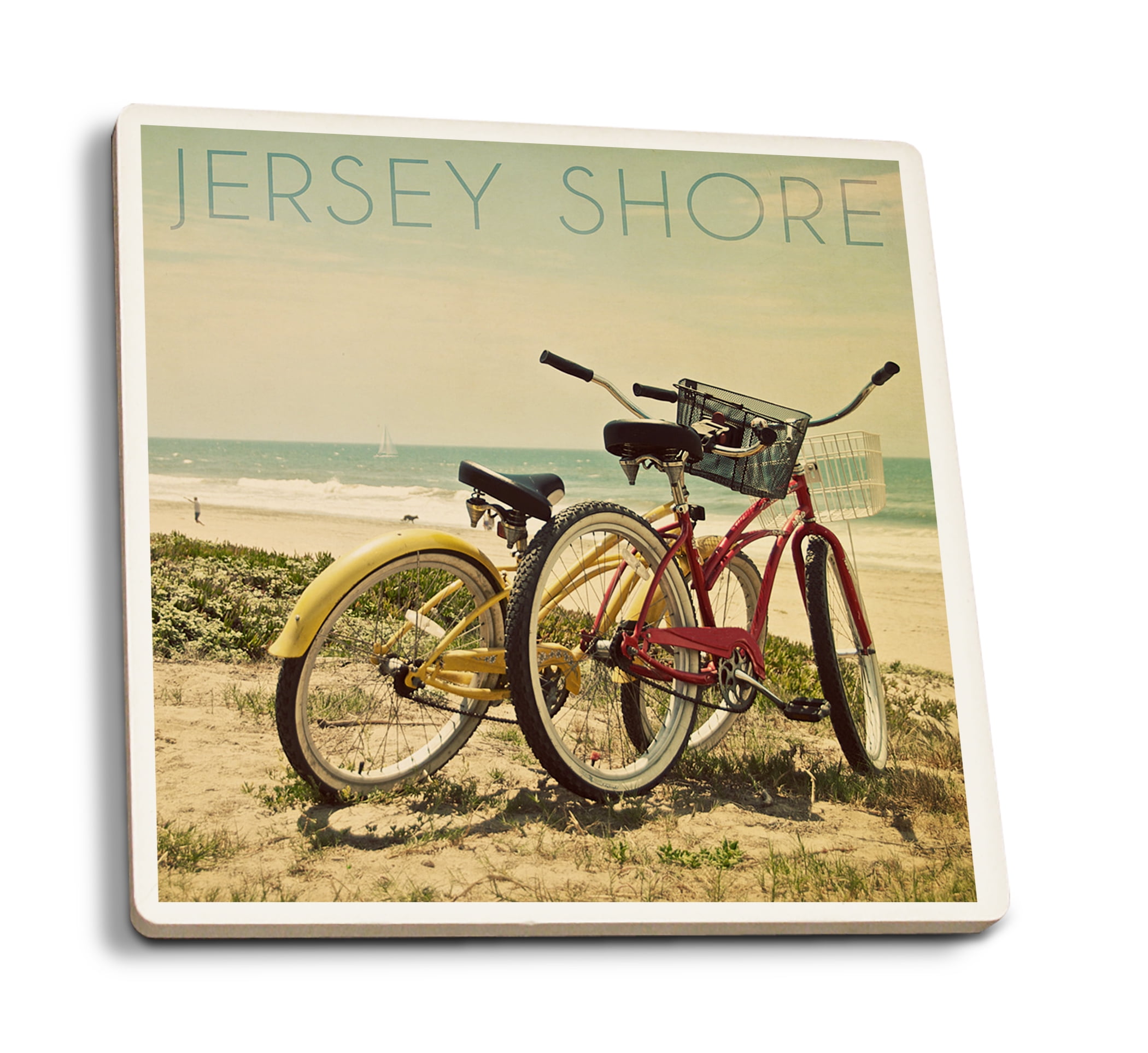 Jersey Shore, Bicycles and Beach Scene (Absorbent Ceramic Coasters Set of 4 Matching Images