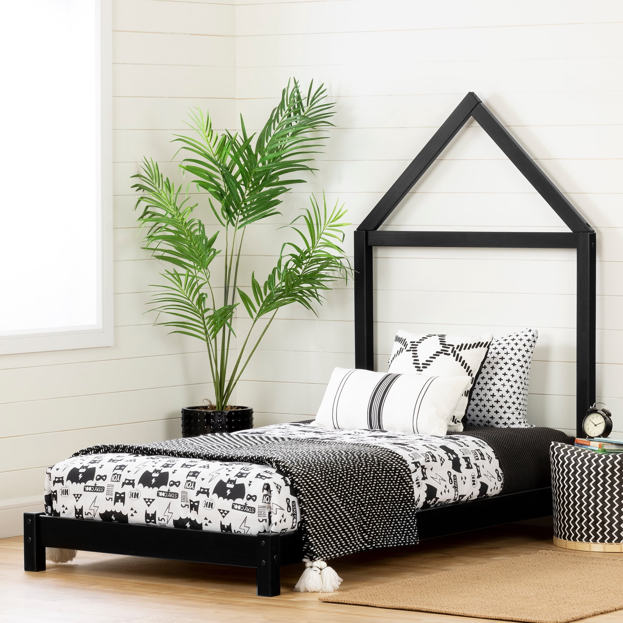 South Shore Sweedi Bed with House Frame Headboard, Matte Black
