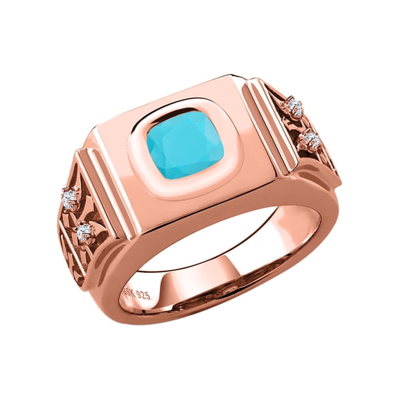 Gem Stone King 2.04 Ct Cushion Green Turquoise 18K Rose Gold Plated Silver Men's Ring (Size 12)