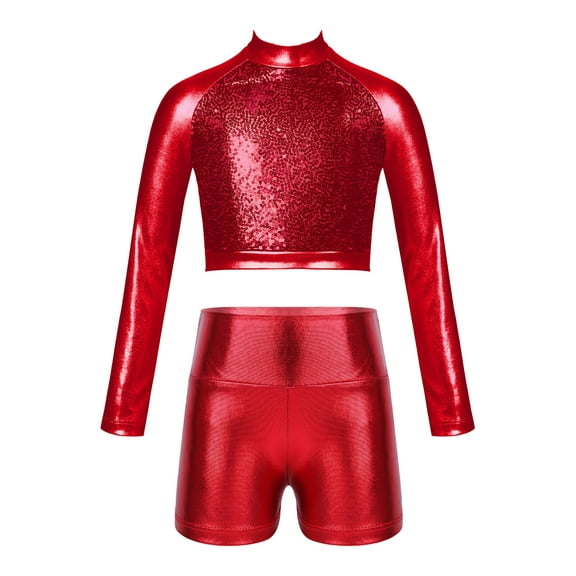 CHICTRY Girls Shiny Metallic Sports Suit Long Sleeve Crop Top with High Waist Shorts Modern Hip-hop Dance Outfit Set Red 14