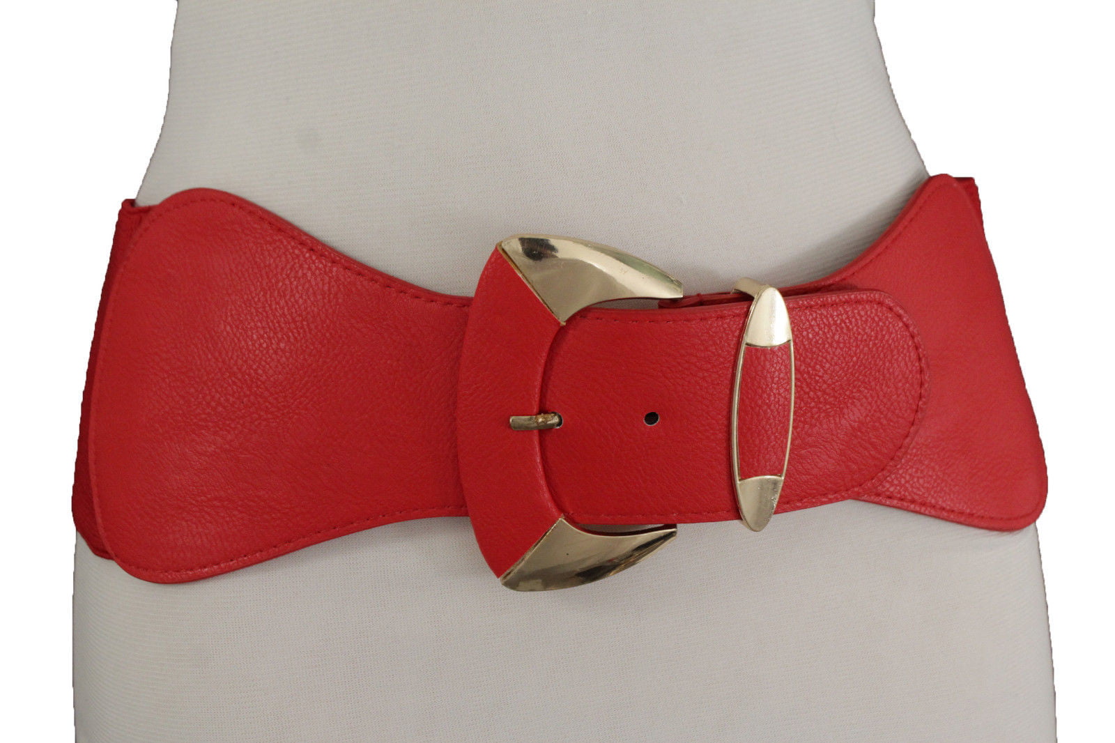 Women Hip High Waist Coral Red Narrow Elastic Belt Gold Metal Buckle Plus M L XL 