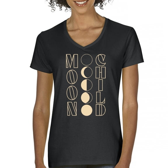 Moon Child Women's V-Neck T-shirt Astrology Lunar Cycle Phases Astronomy Mystical Spiritual Zodiac Sign June July Luna Tee