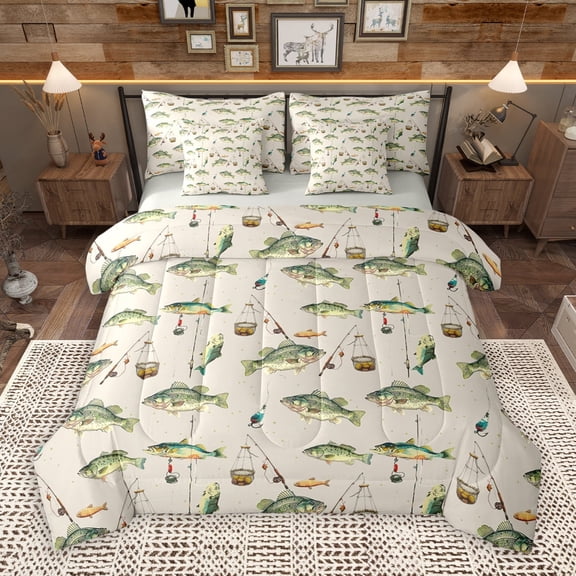 Manfei Fishing And Hunting 7-Piece Twin Bedding Sets,Bass Big Fish Bedding Comforter Set,Animals Marine Life Sheet Sets For Teens Boys,Breathable Home Decor Reversible