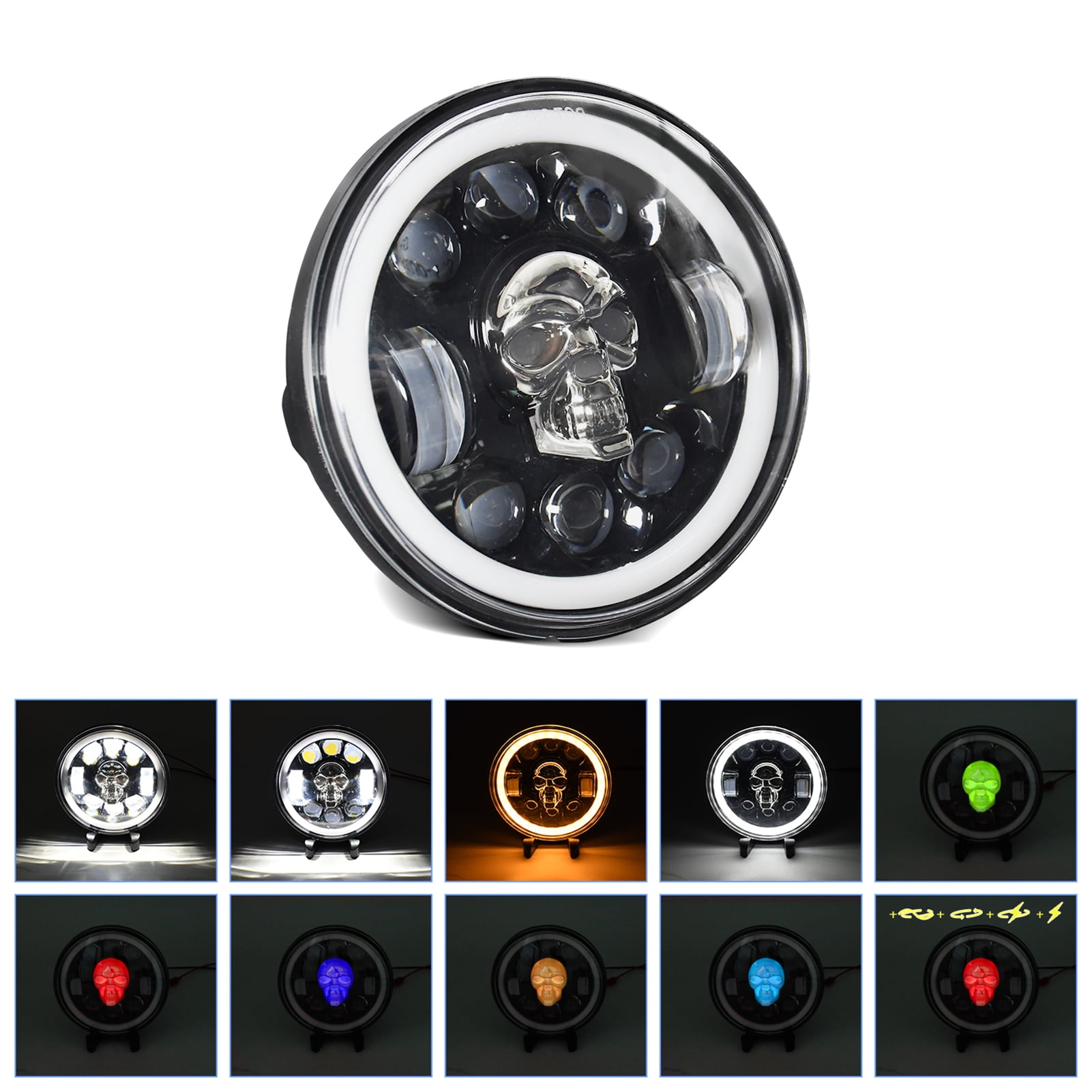 Motorcycle Headlight featuring Skull Pattern LED, High/Low Beam, Turn Signal DRL, and Colorful Angle Eye Light