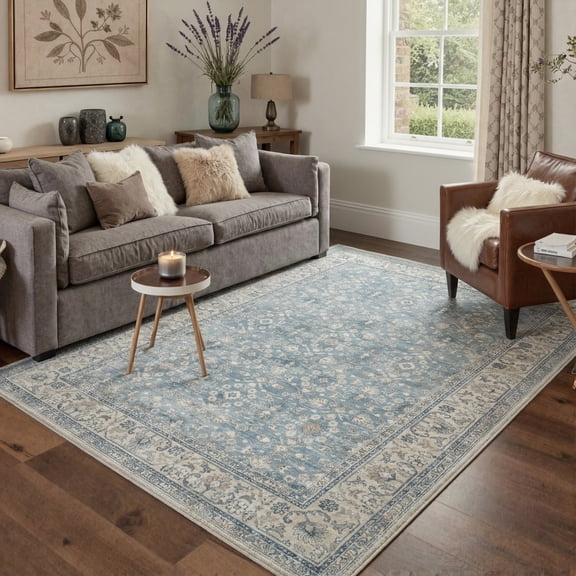 KUETH 8X10 Vintage Area Rugs Machine Washable Rugs for Living Room, Non Slip Flat Pile Rug with Rubber Backing, Boho Rug for Entryway Bedroom Dining Room Home Office