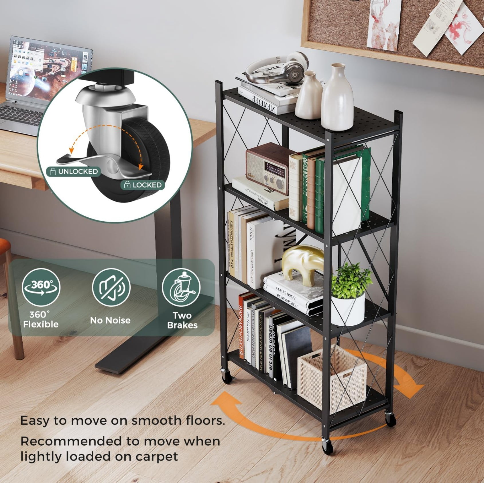 42"H 4-Tier Foldable Metal Storage Rack, Installation-Free Kitchen Organizer Shelf, Heavy Duty Carbon Steel Storage Rack for Kitchen Living Room Bedroom Balcony, Black