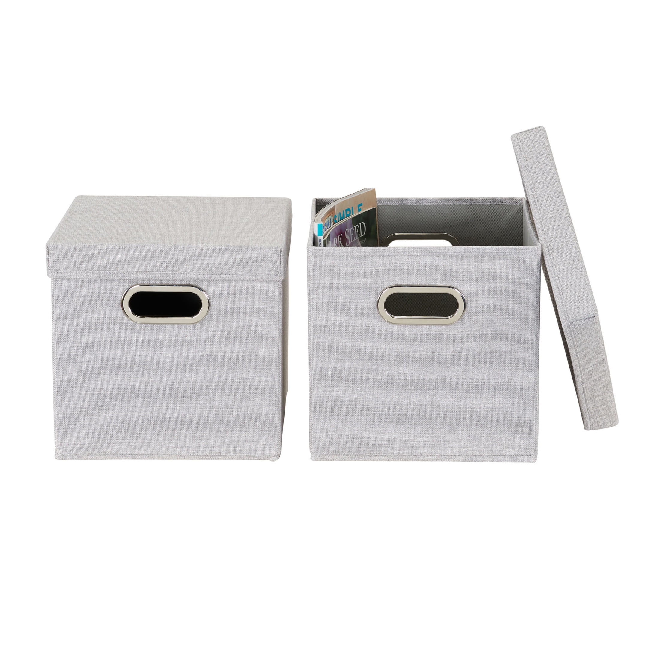 Household Essentials Storage Bins with Lids and Chromed Grommet Handles, Set of 2, Light Gray Textured Linen Look, Fits Standard Cube Shelves