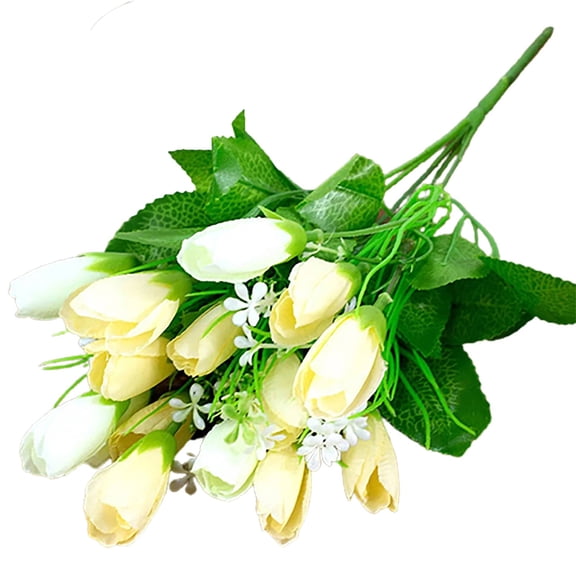 White Tulip Artificial Flower Bundle, Silk Spring Stems for Easter Wreath Wedding Bouquet, 13” Tall Lifelike Table Cemetery Décor, Bendable Plastic Stems, 1X Plastic Flower, 1X Plastic Flower
