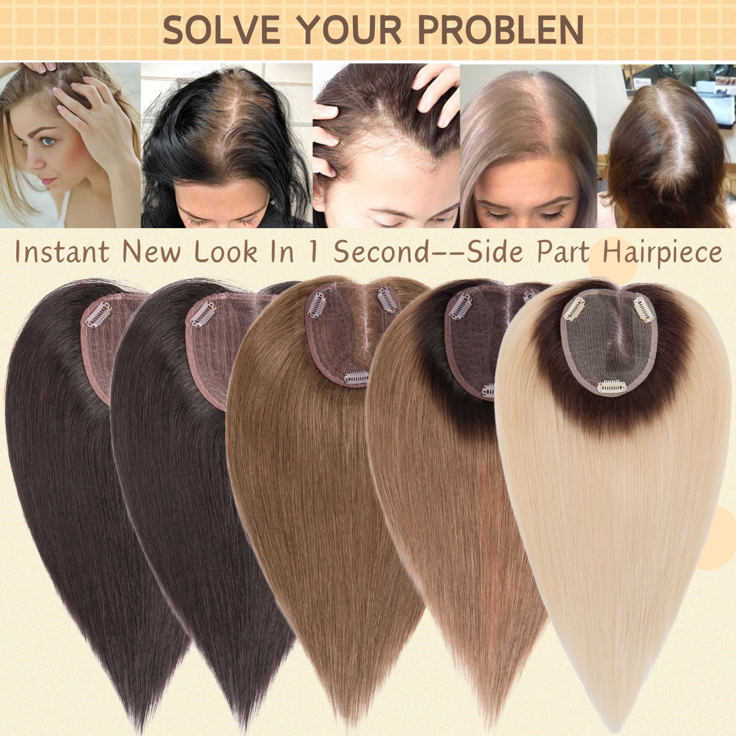 Benehair 10*12cm Side Part Clip In Hairpiece 100% Remy Real Human Hair Topper Hair Piece Wigs Handtied Lace Base For Woman Thin Hair Loss Top Piece Brown 10inch
