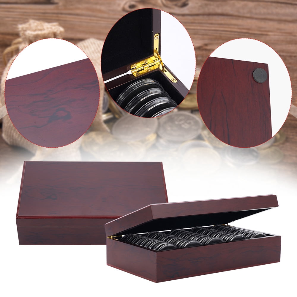 Vorfor 50Pcs Wooden Coin Storage Box, Coin Collector Display Commemorative Coin Case with 6 Sizes Foam Gasket and Plastic Storage Organizer Box