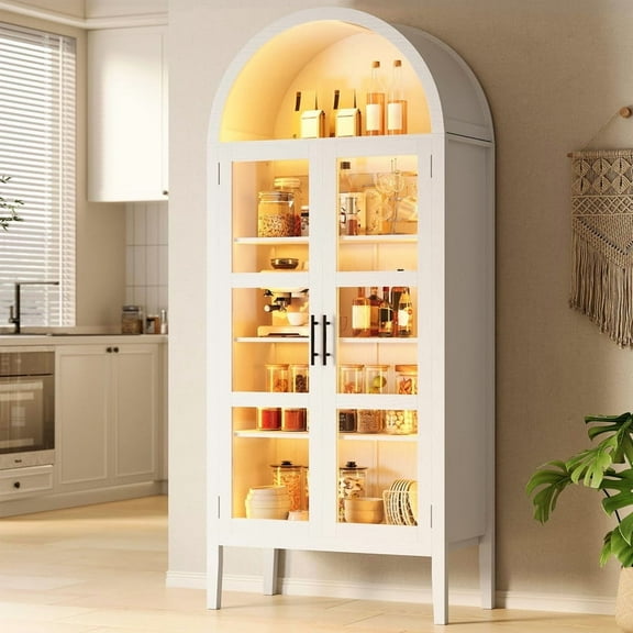 70" Tall Arched Kitchen Pantry Cabinet with LED Lights, Wood Storage Cabinets with Glass Doors & Adjustable Shelves, Modern Display Cabinet for Living Room, Dining Room
