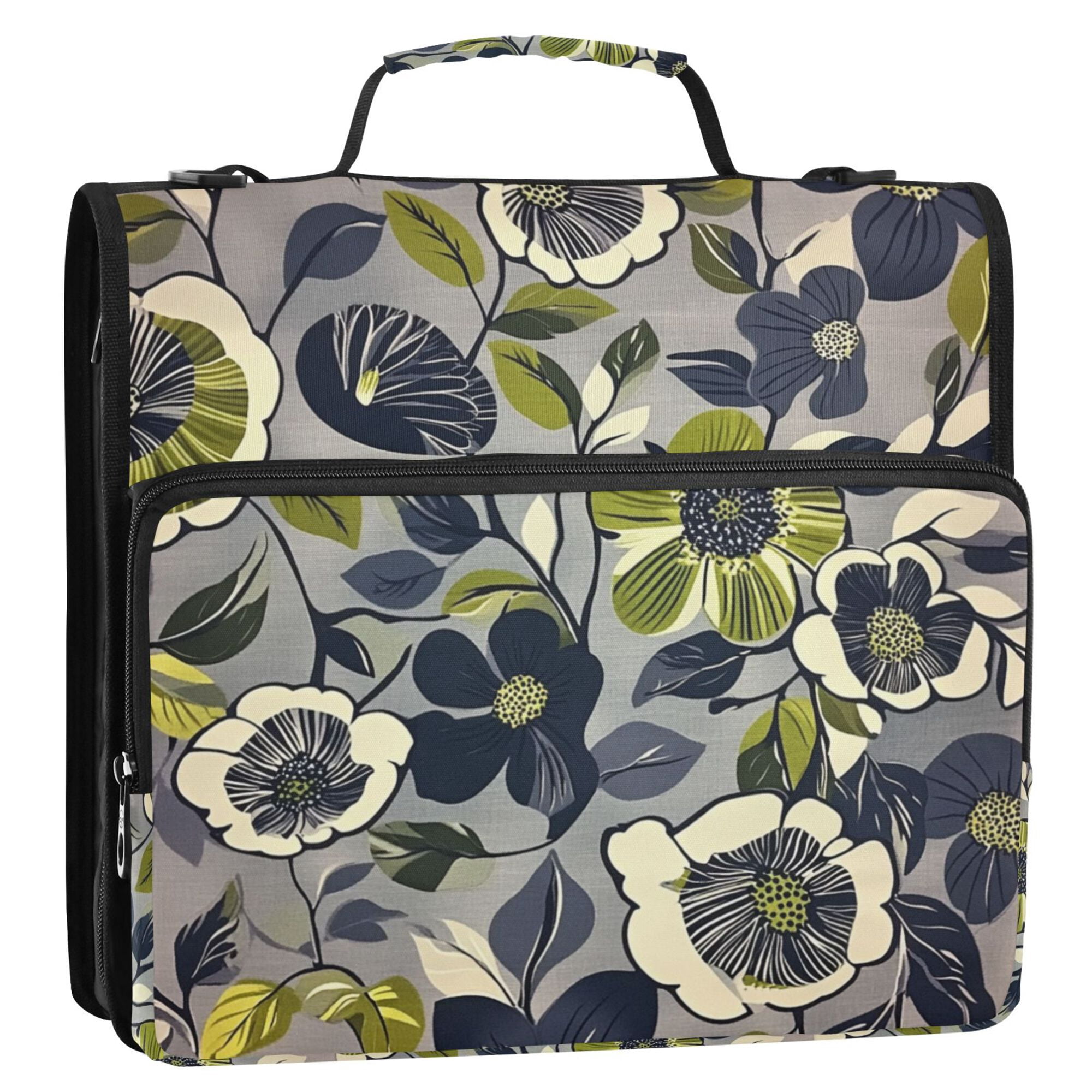 FORMRS Zipper Binder with Shoulder Strap 2-inch Ring 500 Sheet Capacity File Bag, Green Floral