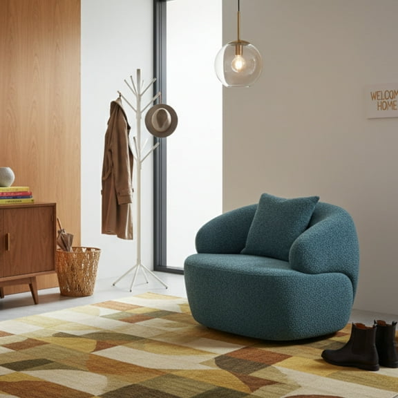 GOMYHOME 360° Swivel Curved Accent Chair, Blue Boucle Upholstered Modern Sofa Chair