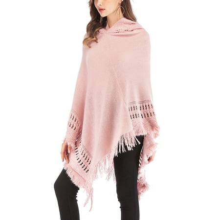 Womens One Piece Hoodie Poncho Knitted Poncho Tassels Cape Shawl with Fringed Hem, Crochet Poncho Shawl Wrap Scarf Knitting Patterns