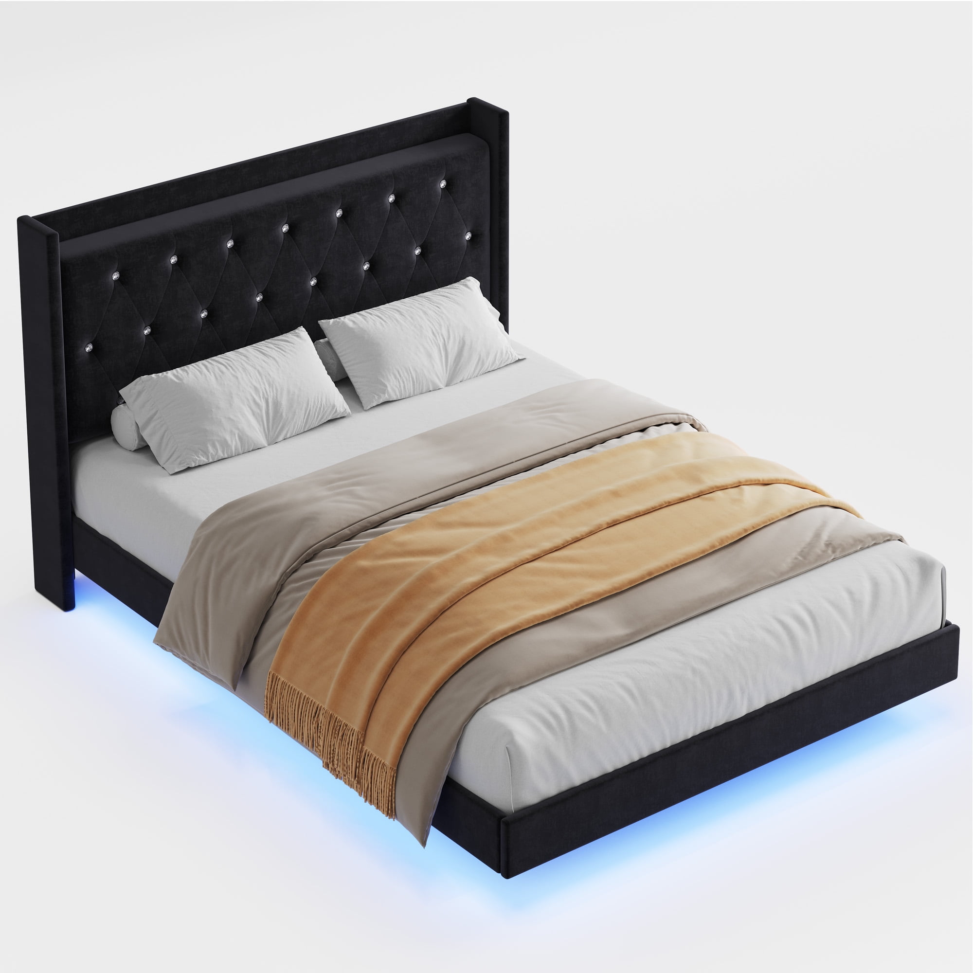 Modern Platform Bed with LED Lights & Storage - Upholstered Headboard, Noise Free, Full size