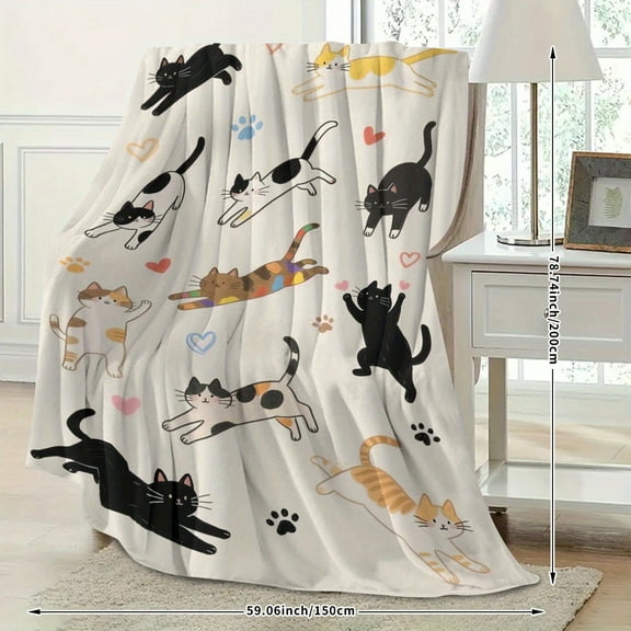 1pc Soft Flannel Cat Blanket with HD Digital Print - Cute Tabby & Tuxedo Cats, Paw Prints & Hearts, All-Season Cozy Throw for Bed, Sofa, Travel - Perfect Gift for Cat Lovers, Contemporary Home Decor