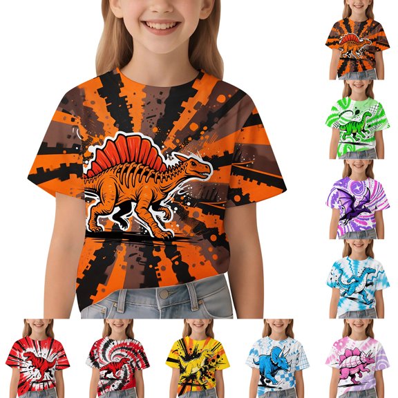 CAIXIA Girls Casual Tie Dye Dinosaur Short-Sleeve T-Shirt Cute Print Summer Blouse For Girls Tee Tops