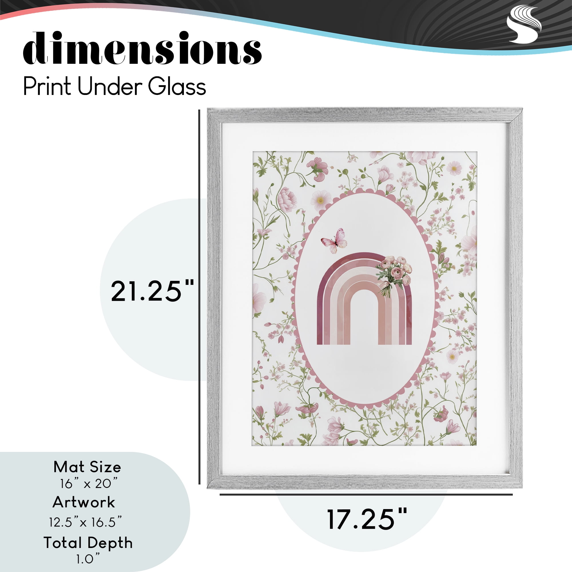 Delicate Florals & Rainbow Gray Framed Print Under Glass, design by Christine Simpson Art