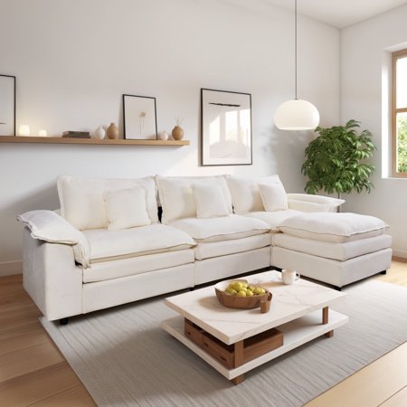 Dinosisco 124" W Modular Sectional Sofa with Ottoman, L Shaped Couch with Chaise Chenille Sleeper Furniture Set with 3 Oversized Seats Beige
